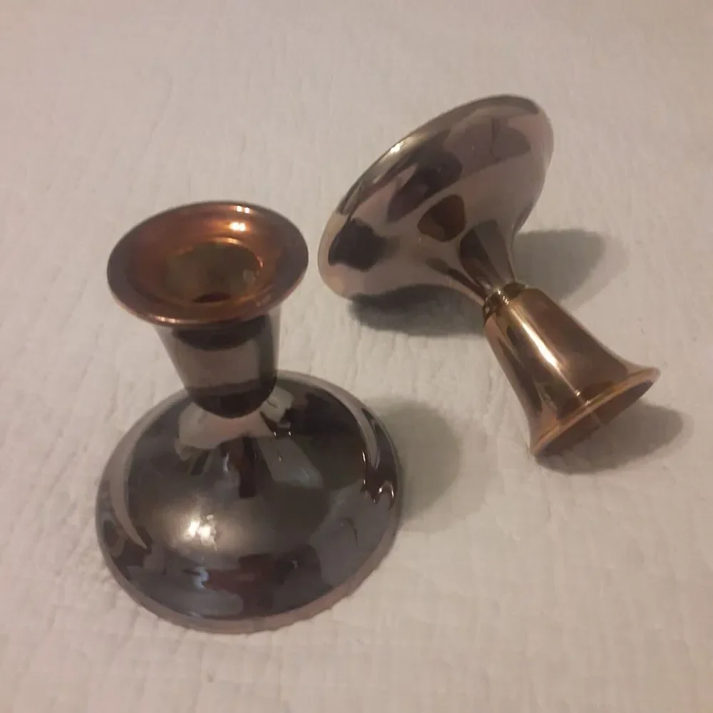 Vintage Tarnish Resistant Copper Plate /Glass Candlesticks ×2